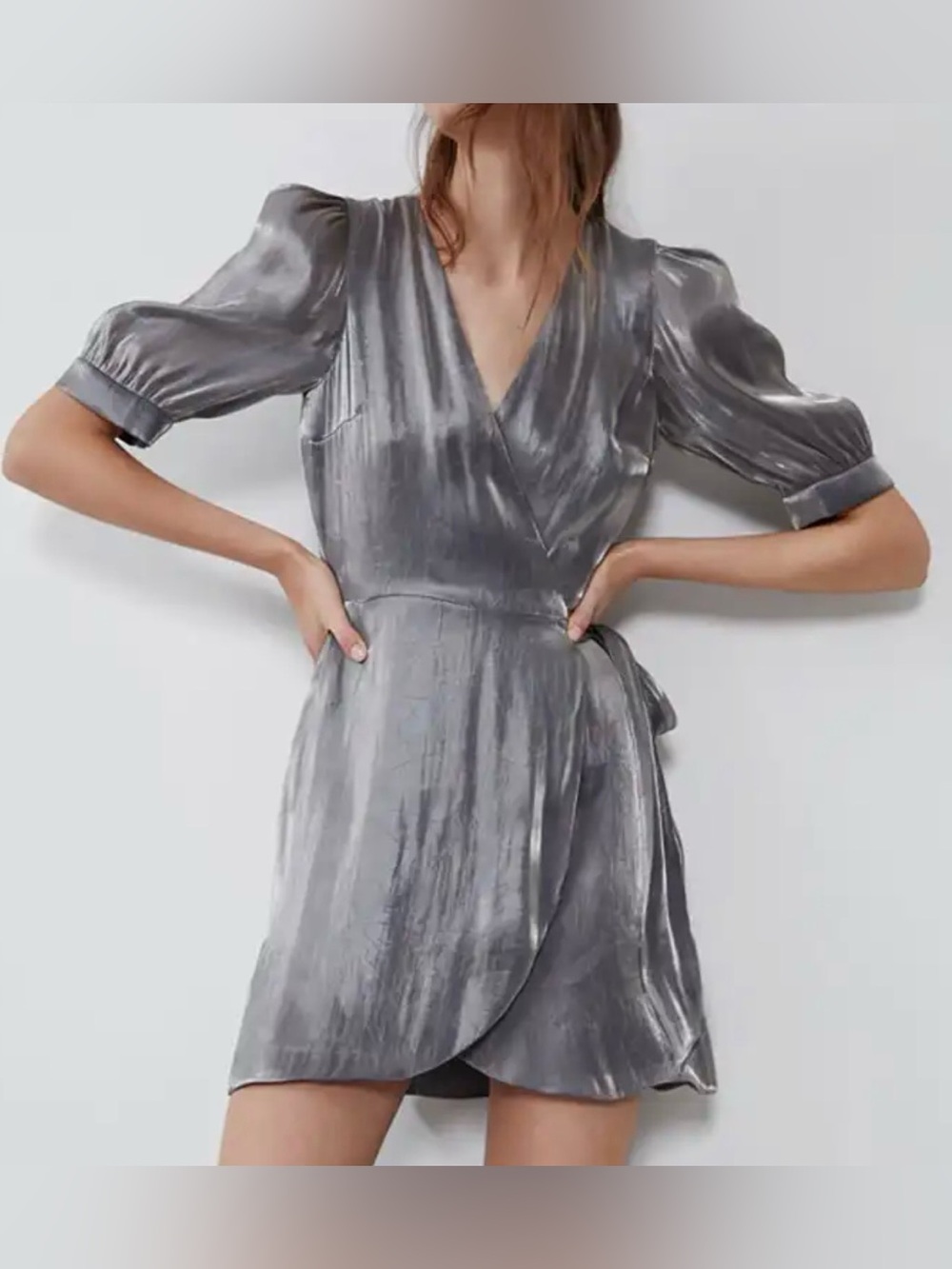 NWOT- Zara Pewter Metallic Wrap Mini Dress w/Puff Sleeve